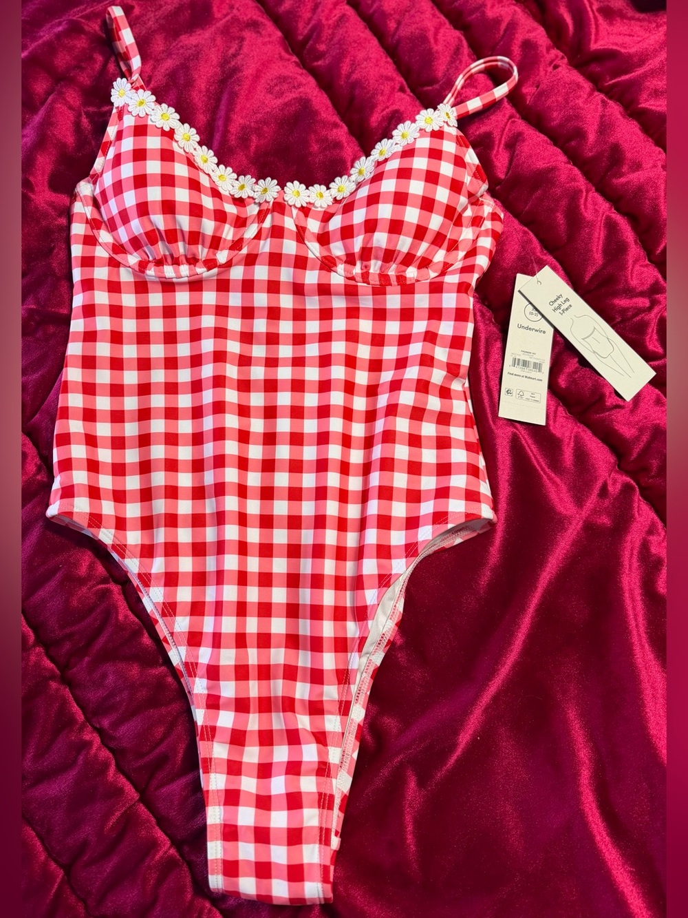 Red & White Gingham One-Piece Swimsuit with Daisy Trim cheeky high leg XS (0-2)
